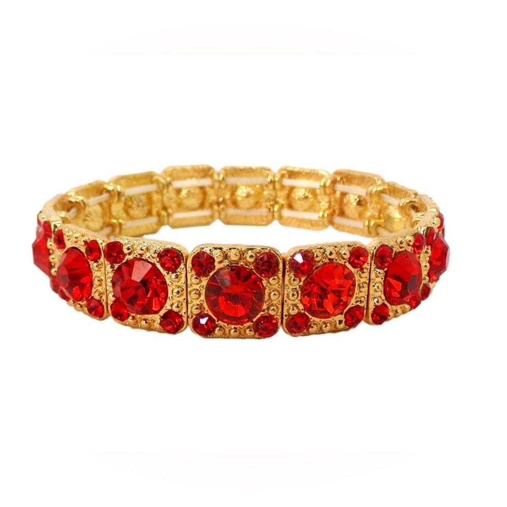 Red crystal stretch bracelet with red round crystals and gold textured beads NEW
